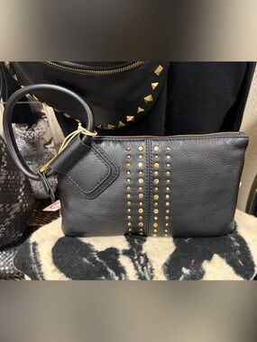 HOBO Black Leather Wristlet with Gold Studs